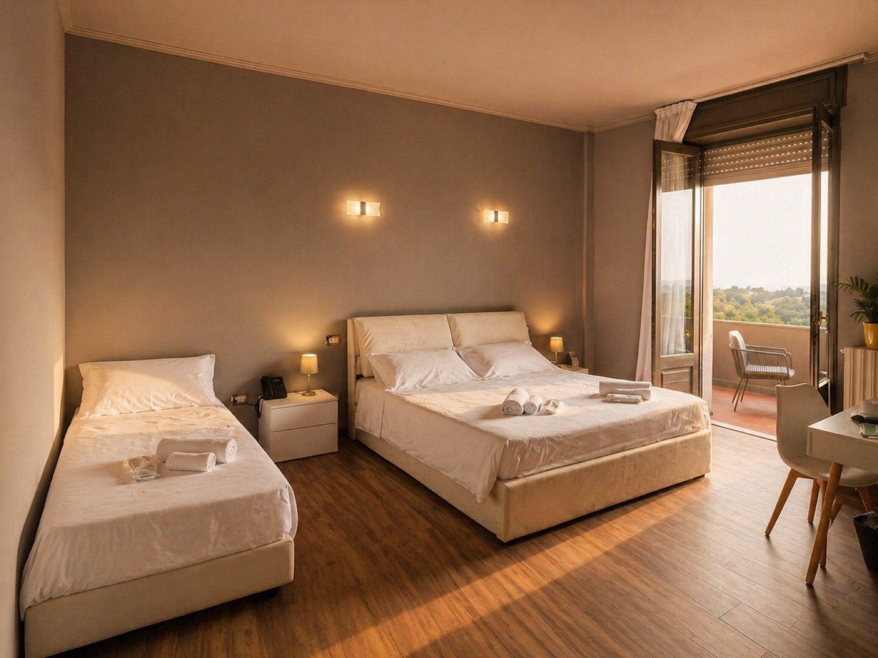 Camera tripla con letto matrimoniale e letto singolo, balcone con vista valle
