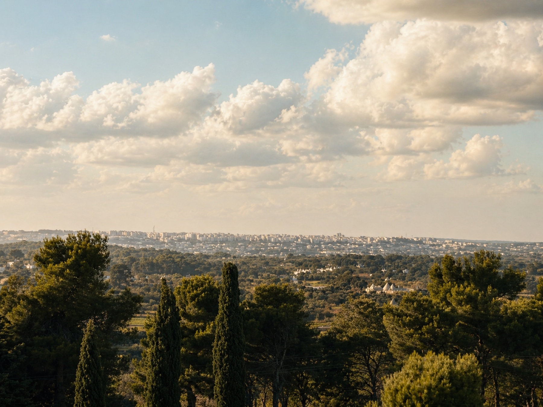 View over Valle d'Itria with trulli and a town in the distance