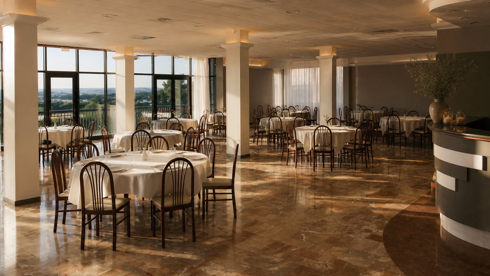 Panoramic ground-floor hall with windows opening onto the Itria Valley, set up for a banquet