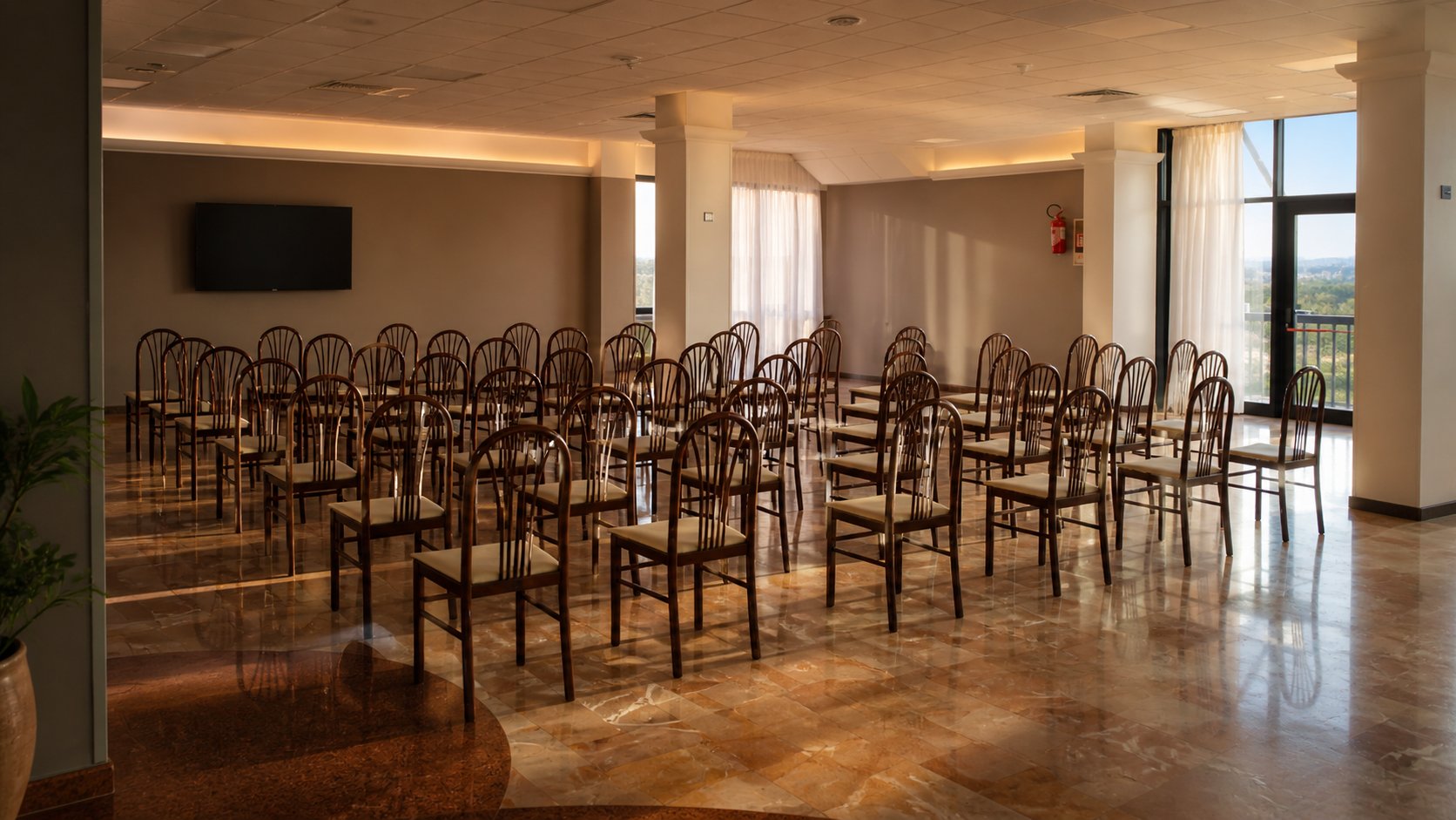 Conference room with theatre seating, projection screen and windows opening onto the Itria Valley