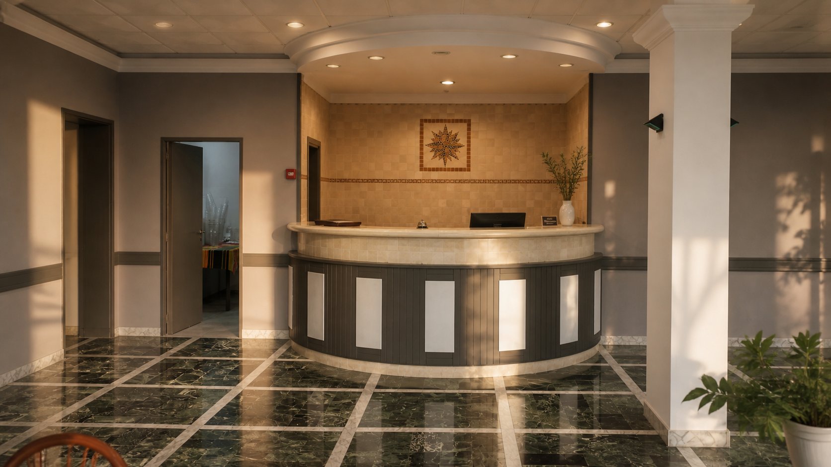 Reception with curved counter and decorative sun mosaic